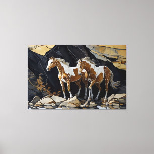 Twee paarden die een wandeling maken op de rotsen canvas afdruk