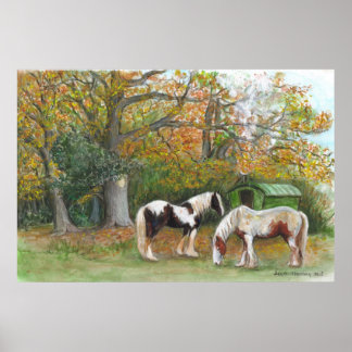 Twee paarden en een zigeunerwagen - Canvasafdruk Poster