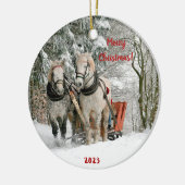 Twee paarden en slee in de sneeuwkeramiek keramisch ornament (Links)