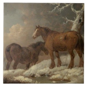 Twee paarden in de sneeuw (winterscène) tegeltje