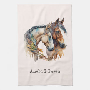 Twee paarden met veren decoraties Boho Theedoek