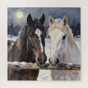 Twee paarden op een besneeuwde boerderij onder de legpuzzel