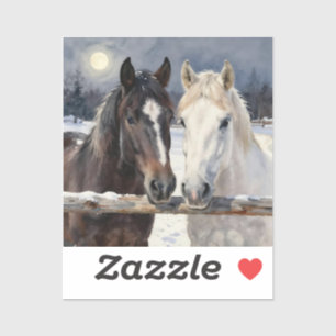 Twee paarden op een besneeuwde boerderij onder het sticker
