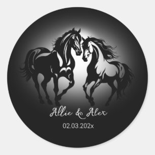 Twee paarden verliefd op zwart wit paardenliefhebb ronde sticker