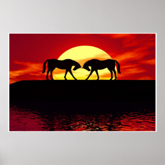 Twee paarden voor zonsondergang poster