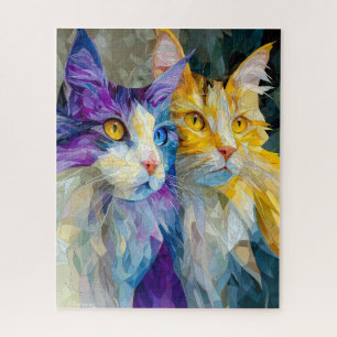 Twee paarse en gele katten legpuzzel