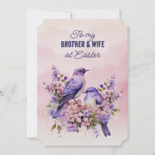 Twee Paarse Vogels Lente Bloemen Broer Vrouw Pasen Feestdagenkaart