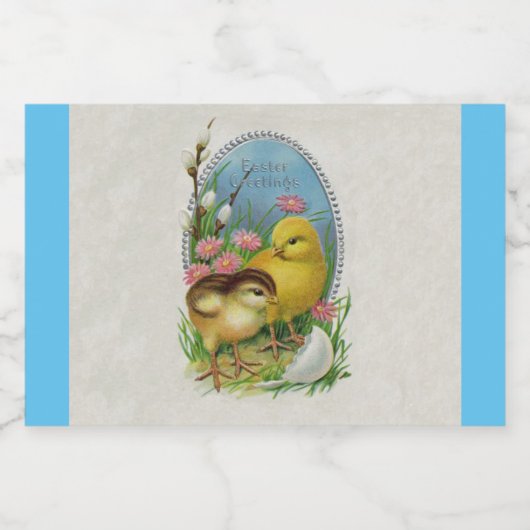 Twee paaskuikens Uitgebroed Ei Bloemen Blauw Voedselcontainer Etiket (Enkel label)