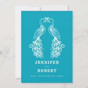 Twee peafowl vogel blauwgroen witte huwelijksuitno kaart