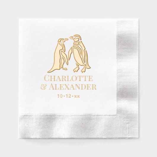 Twee Pinguïns Silhouet #2 Paar Namen Datum Folie Servetten (Voorkant)