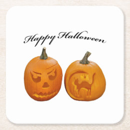 Twee Pompoenen Gelukkig Halloween Vierkante Kartonnen Onderzetter