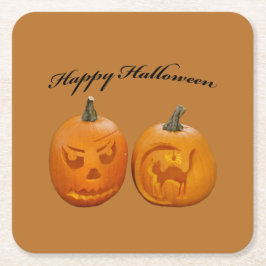 Twee pompoenen Happy Halloween Vierkante Kartonnen Onderzetter