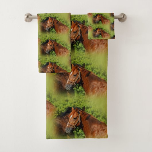 Twee prachtige kastanjepaarden in de zon bad handdoek (Insitu)