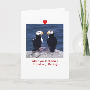 Twee Puffins in Liefde met een hart Feestdagen Kaart