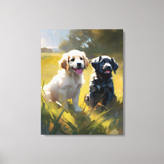Twee Puppies in het gras Canvas Afdruk