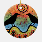 Twee raven zitten en reflecteren koppels keramisch ornament (Achterkant)