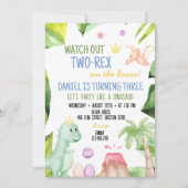 Twee Rex Boy dinosaurus 2e verjaardag uitnodiging (Voorkant)