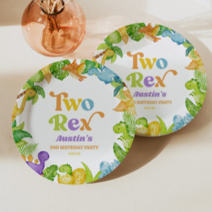 Twee Rex Dinosaur 2e Tweede Verjaardagsfeestje Papieren Bordje