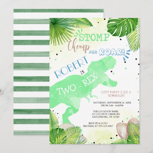 Twee - Rex Dinosaur Birthday Invitation boy Kaart (Voorkant / Achterkant)