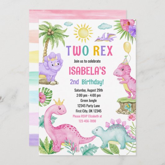 Twee Rex Dinosaurus Verjaardag Uitnodiging (Voorkant / Achterkant)