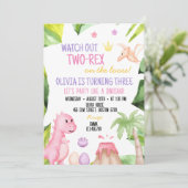 Twee Rex Meisje dinosaurus 2e verjaardag uitnodigi Kaart (Staand voorkant)