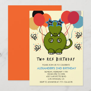 Twee rex verjaardagsuitnodigingen Cute 2nd dinomit Kaart