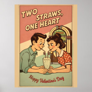 Twee Rietjes Eén Hart Retro Soda Shop Milkshake Wa Poster