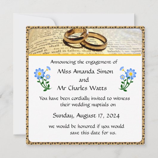 Twee ringen en een Bijbel Save the Date uitnodigin Kaart (Voorkant)