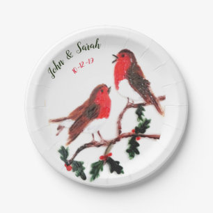 Twee Robin Birds Winter Holly Wedding Papieren Bordje