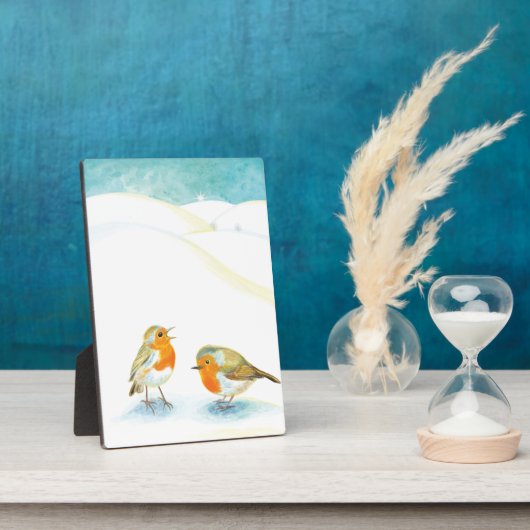 Twee Robin redborsts in Winter Fotoplaat (Zijkant)
