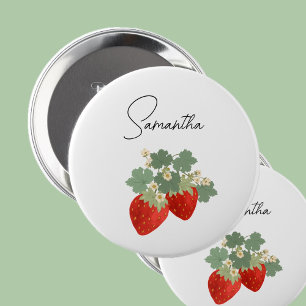 Twee rode aardbeien met bladeren en bloemen Frui Ronde Button 4,0 Cm