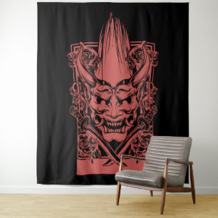 Twee rode demonen met zwaarden wandkleed