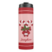 Twee rode en witte snoepjes en naam thermosbeker (Voorkant)