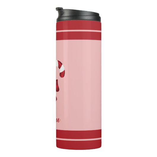 Twee rode en witte snoepjes en naam thermosbeker (Geroteerd rechts)