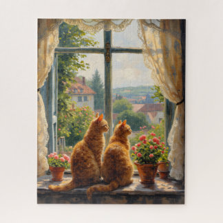 Twee rode katten die uit een raam staren legpuzzel