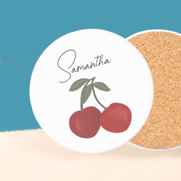Twee rode kersen Illustratie | Mooie Fruit Kunst Zandsteen Onderzetter