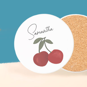 Twee rode kersen Illustratie Mooie Fruit Kunst Zandsteen Onderzetter
