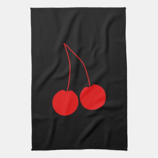 Twee Rode Kersen op Black. Theedoek (Verticaal)