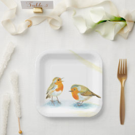 Twee rode robots in Borden van winterpapier Papieren Bordje