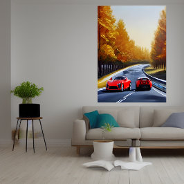 Twee rode sportwagens op de weg | AI Art Poster