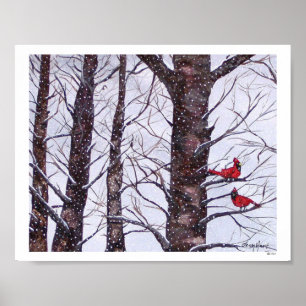 Twee rode vogels in de winter poster