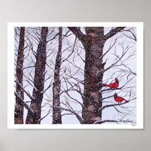 Twee rode vogels in de winter poster (Voorkant)