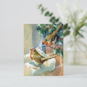 Twee Roodborstjes Op Sneeuw Bedekte Hulst Feestdagenkaart (Staand voorkant)