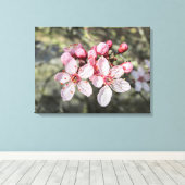 Twee roze bloesems die uitkomen. canvas afdruk (Insitu (Houten vloer))