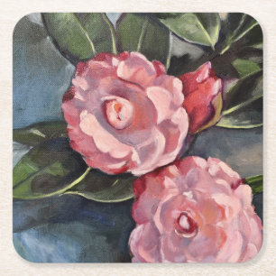 Twee roze Camellias Fine Art Oil Painting Vierkante Kartonnen Onderzetter