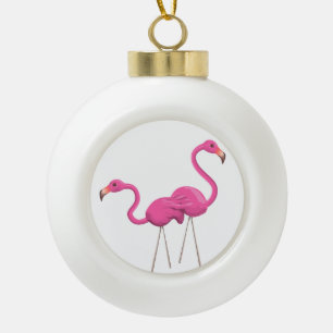 Twee Roze Flamingo's die zich verenigen Keramische Bal Ornament