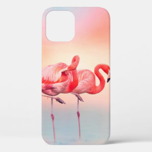 Twee roze flamingos in het water bij sunsetflaming iPhone 12 hoesje