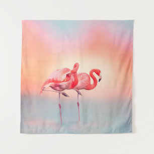 Twee roze flamingos in het water bij sunsetflaming wandkleed