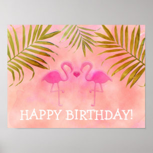 Twee Roze Flamingo's Tropisch Strandfeest Spandoek Poster