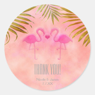 Twee Roze Flamingo's Watercolor Trouwstickers Ronde Sticker